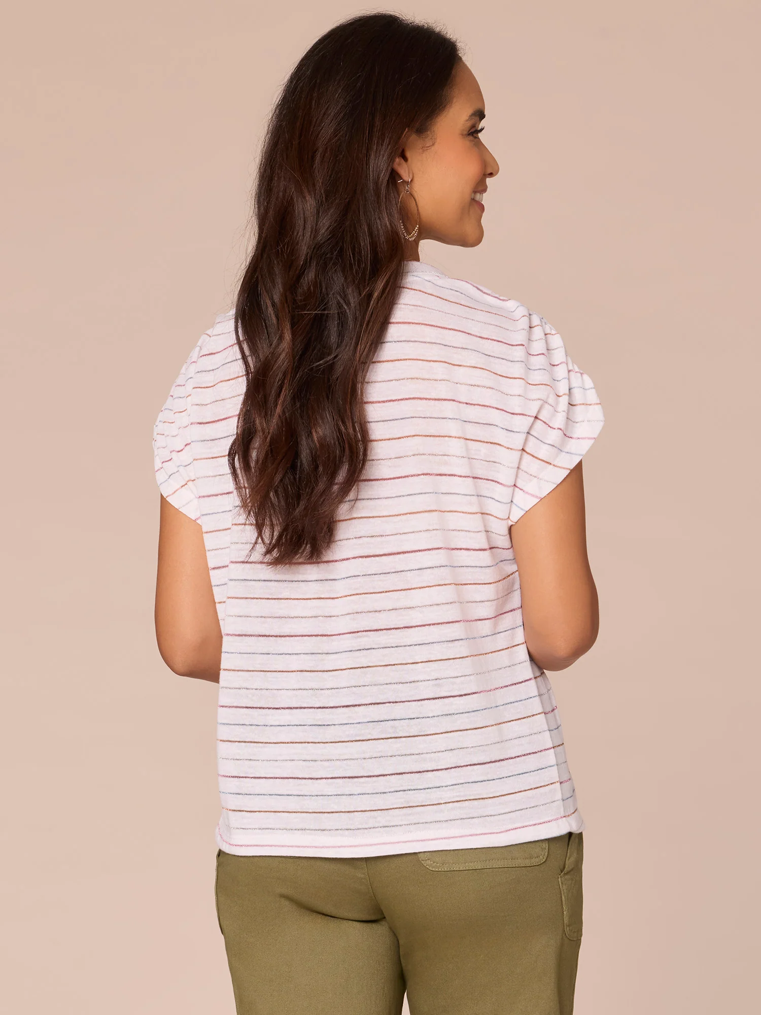 Ruched Short Sleeve V-Neck Metallic Stripe Knit Top - Legahigh