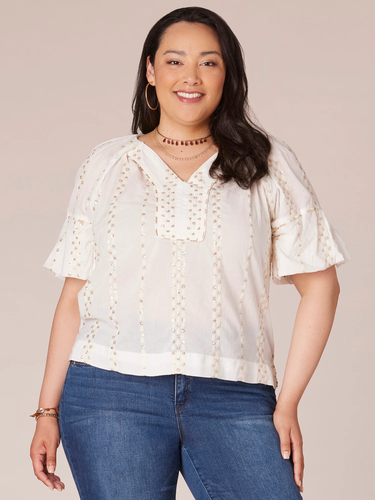 Short Banded Bubble Sleeve V-Neck Plus Size Woven Top with Embroidery - Legahigh