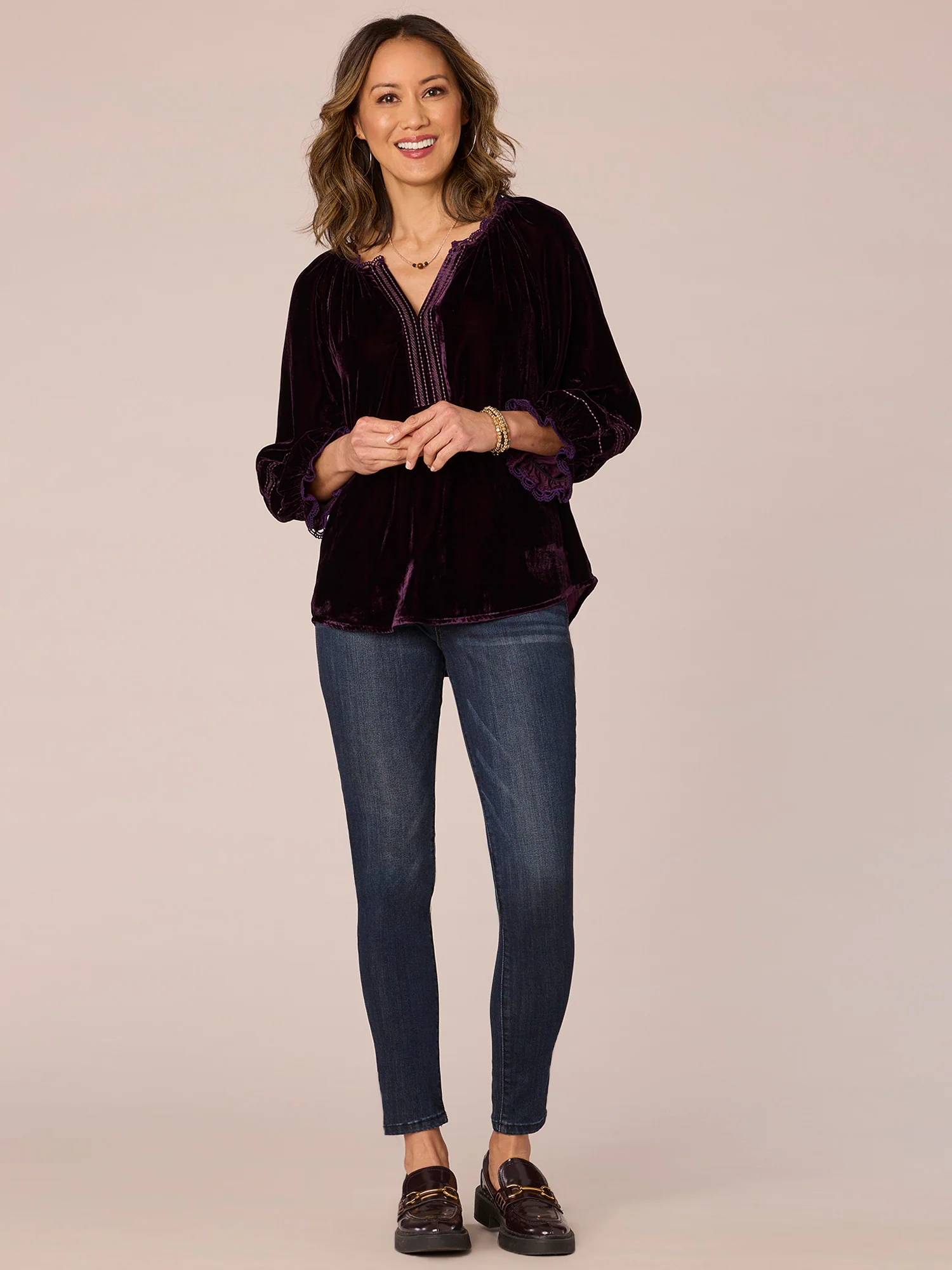 Three Quarter Sleeve Ruffle Edge Split V-Neck Placket Petite Woven Top - Legahigh