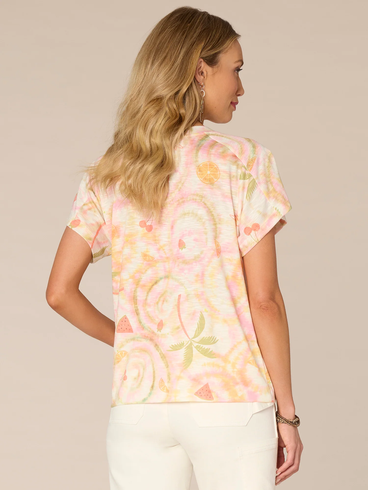 Short Sleeve Scoop Neck Side Pleat Placement Print Knit Boyfriend Tee - Legahigh