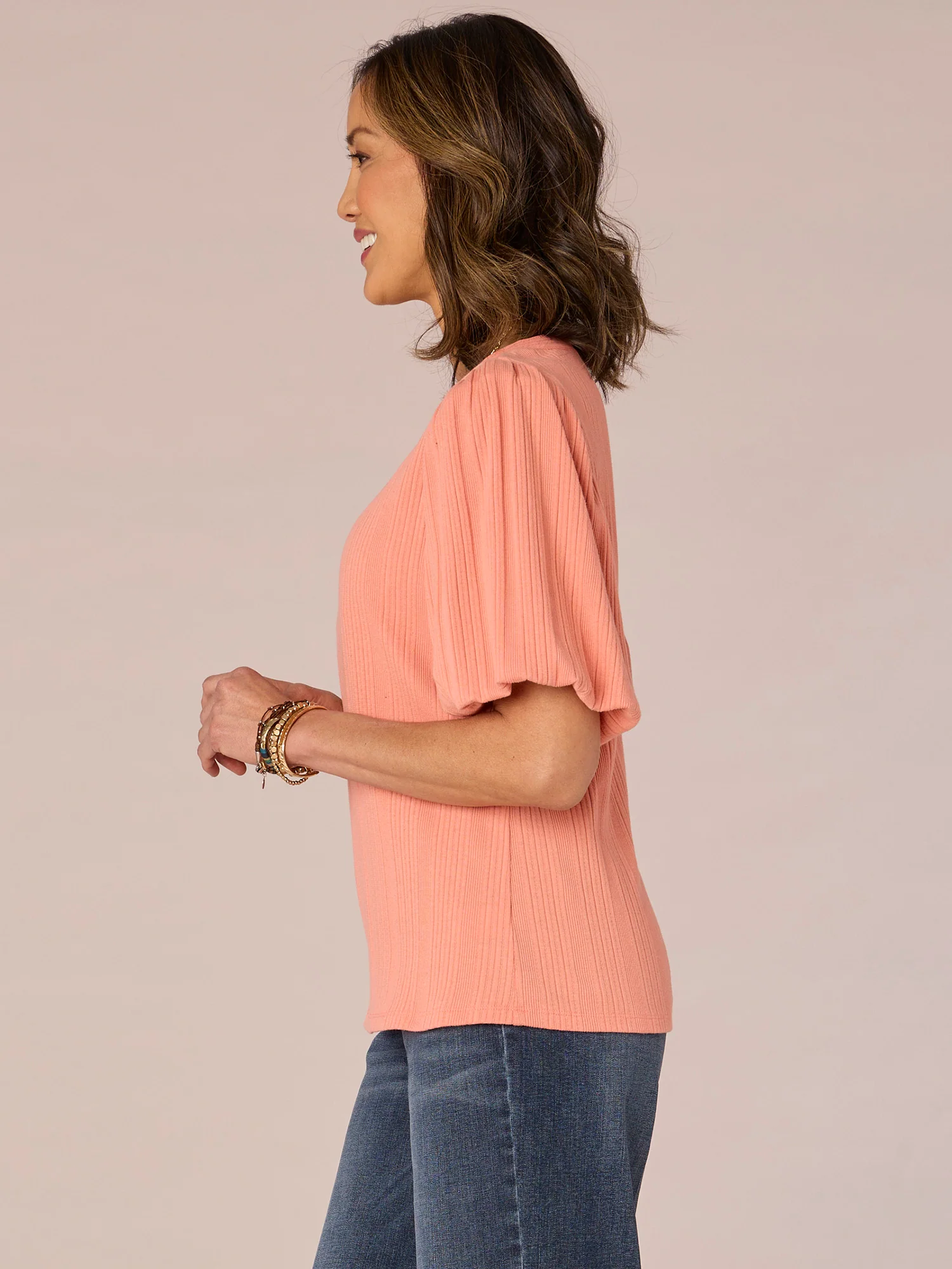 Short Blouson Puff Shoulder Sleeve Scoop Neck Mixed Media Knit Top - Legahigh