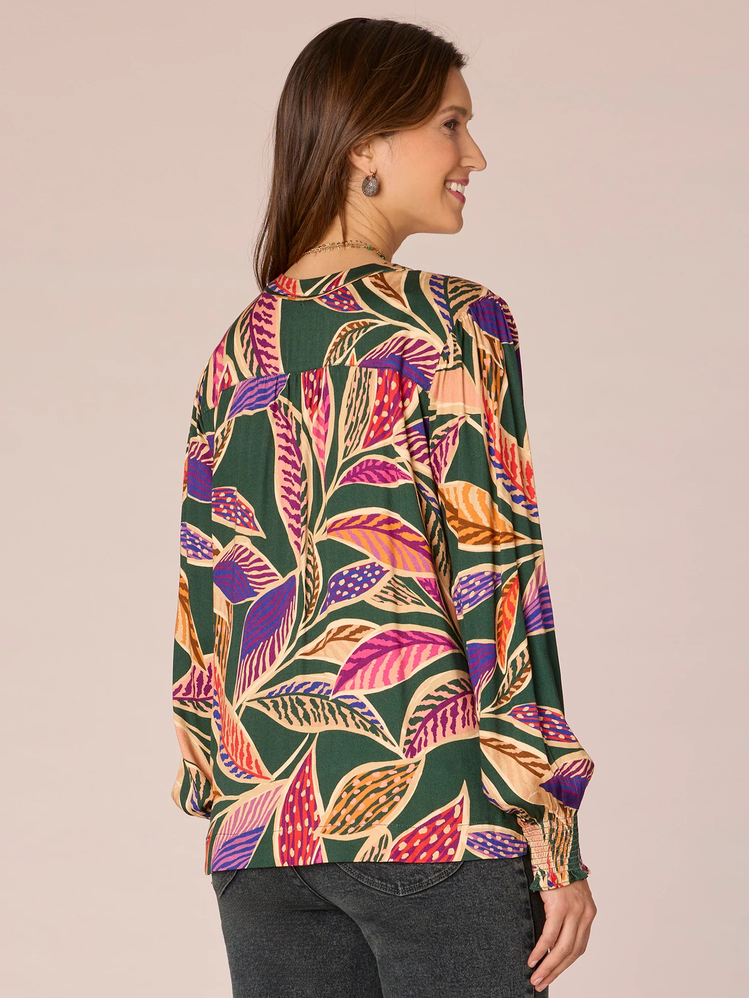 Long Smock Sleeve Split Open V-Neck Abstract Print Woven Top - Legahigh
