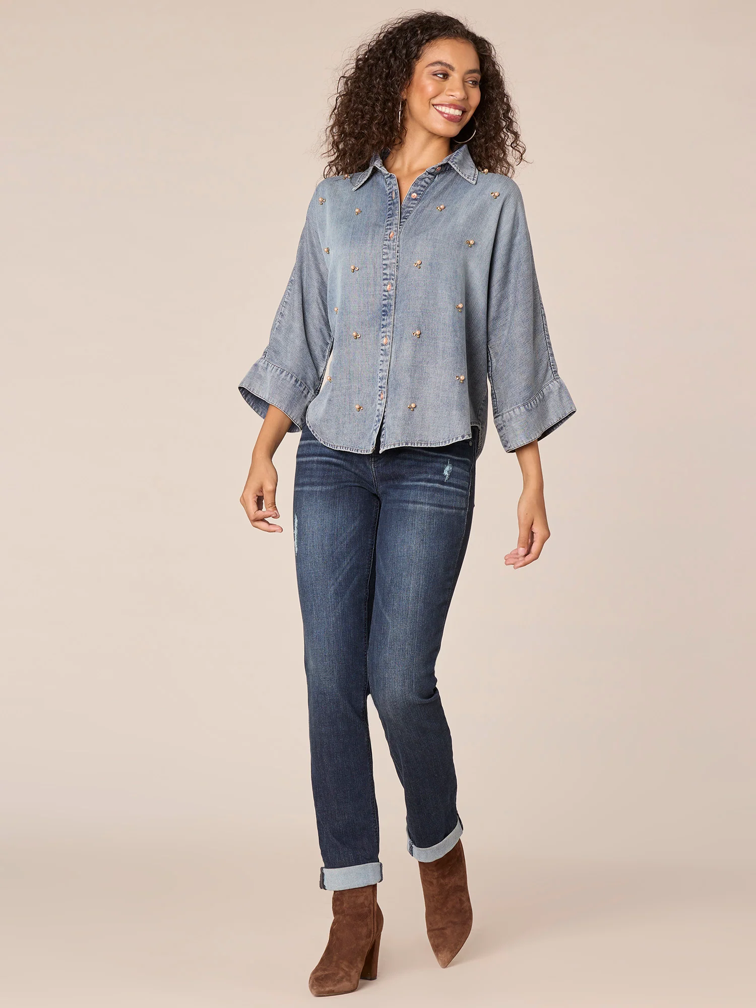 Three Quarter Sleeve Button Down Front Embellished Petite Knit Top - Legahigh