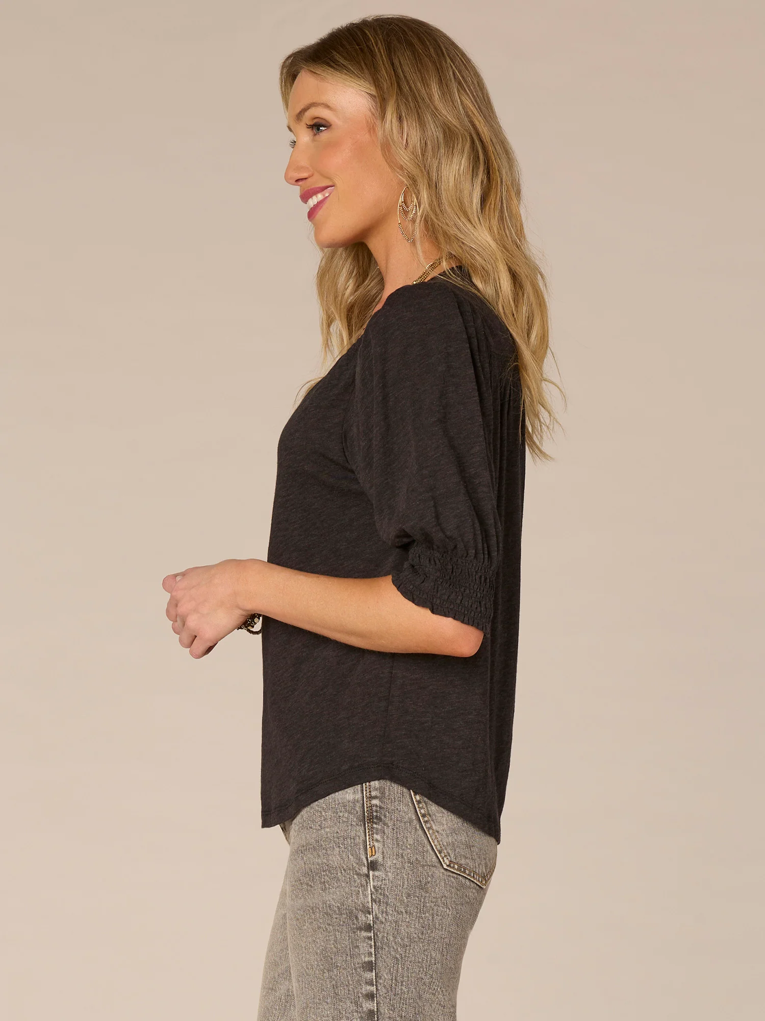 Elbow Blouson Sleeve Scallop V-Neck Knit Top with Smocking Detail - Legahigh