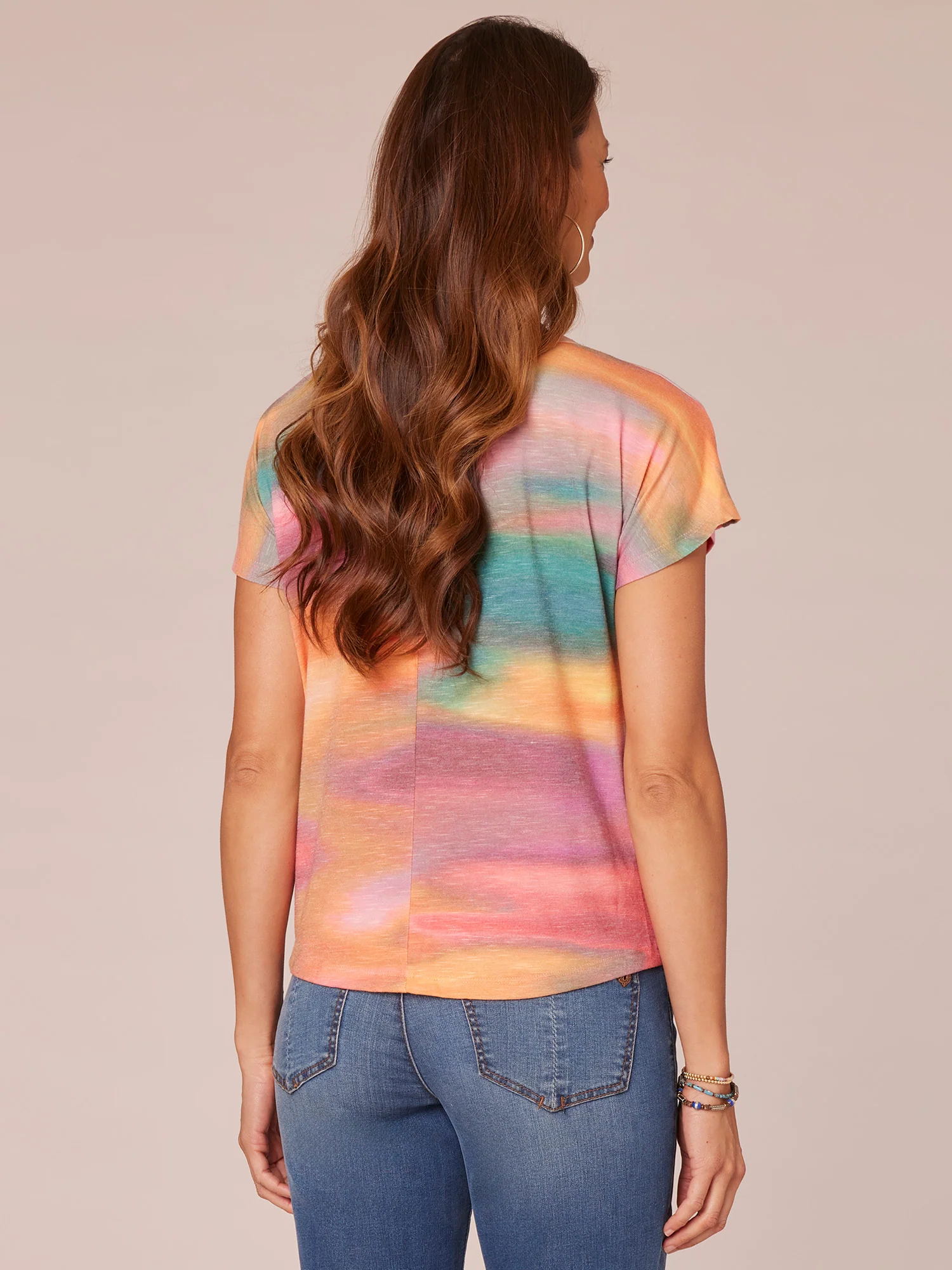 Extended Short Sleeve Scoop Neck Twist Front Printed Knit Top - Legahigh