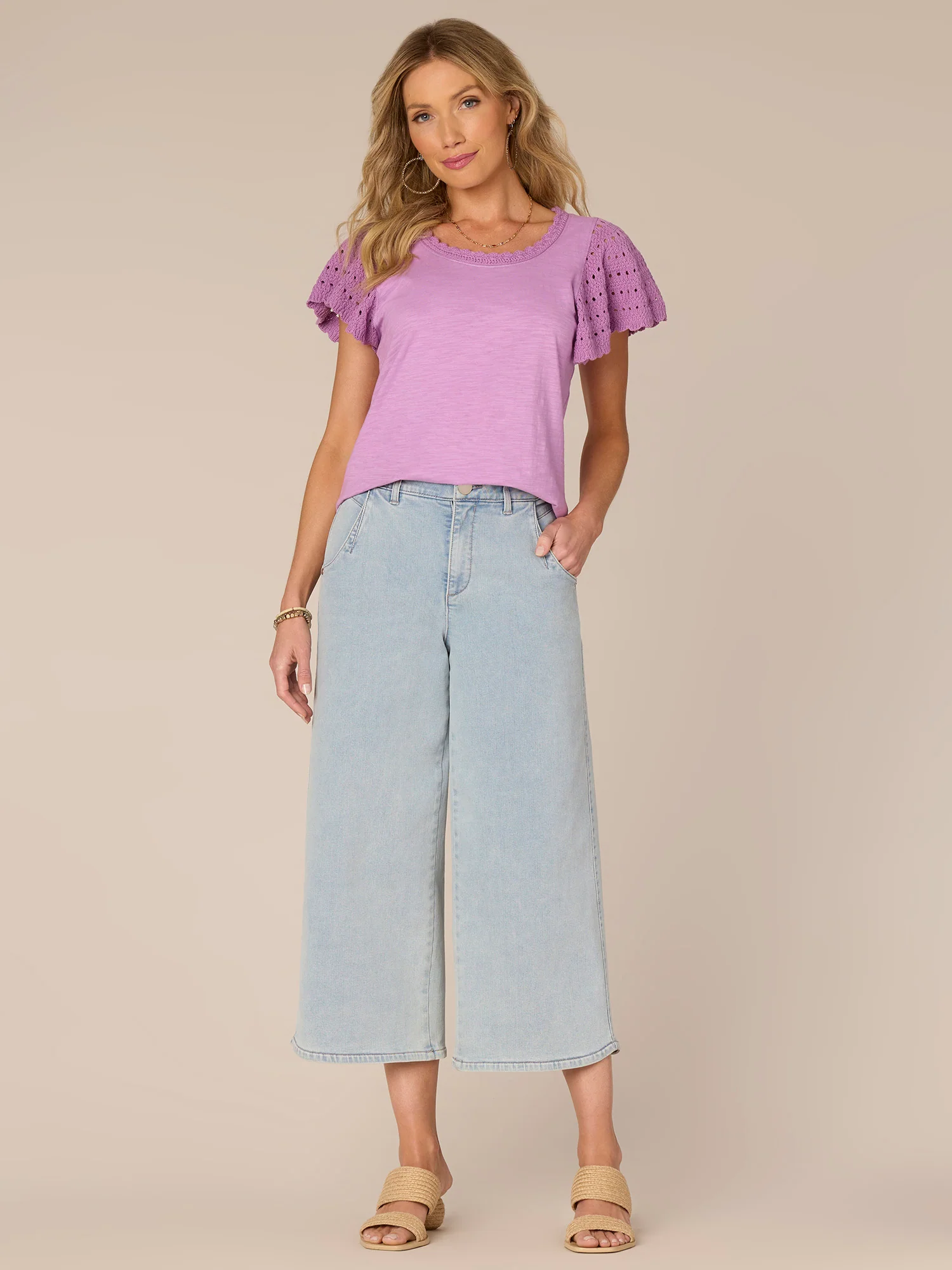 Short Crochet Flutter Sleeve Scoop Neck Knit Top - Legahigh