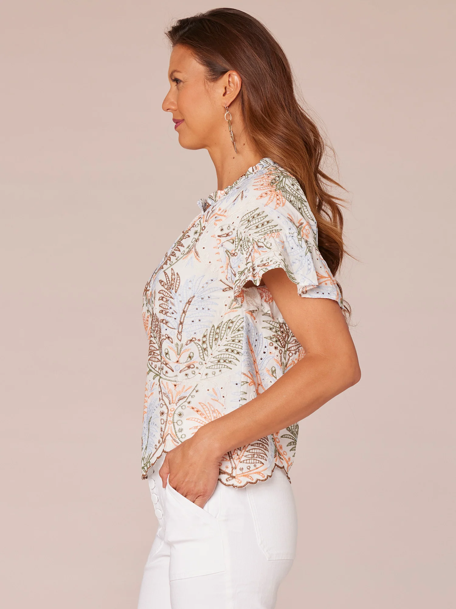 Short Sleeve Ruffle Split Neck Embroidered Printed Woven Top - Legahigh