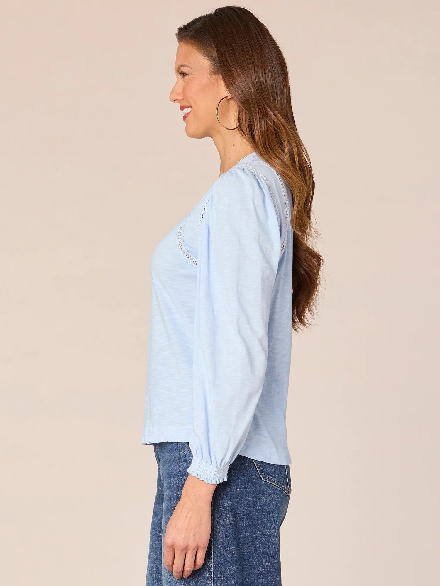 Long Puff Ruffle Sleeve Crew Neck Ladder Crochet Knit Top - Legahigh