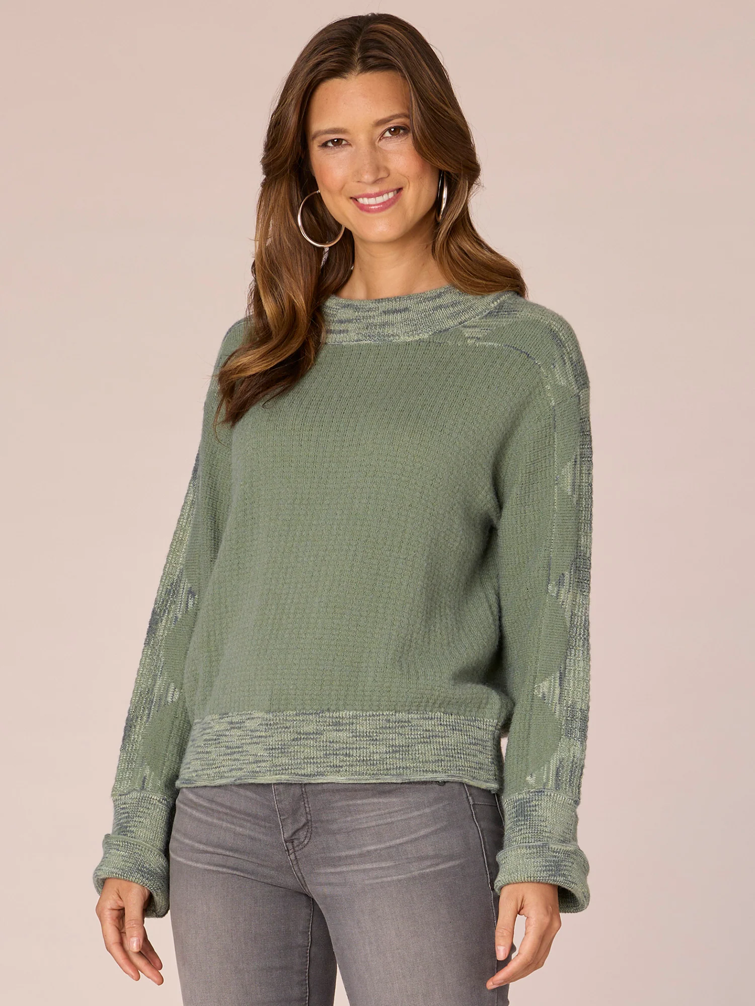 Cuffed Sleeve Mock Neck Space Dye Framing Petite Sweater - Legahigh