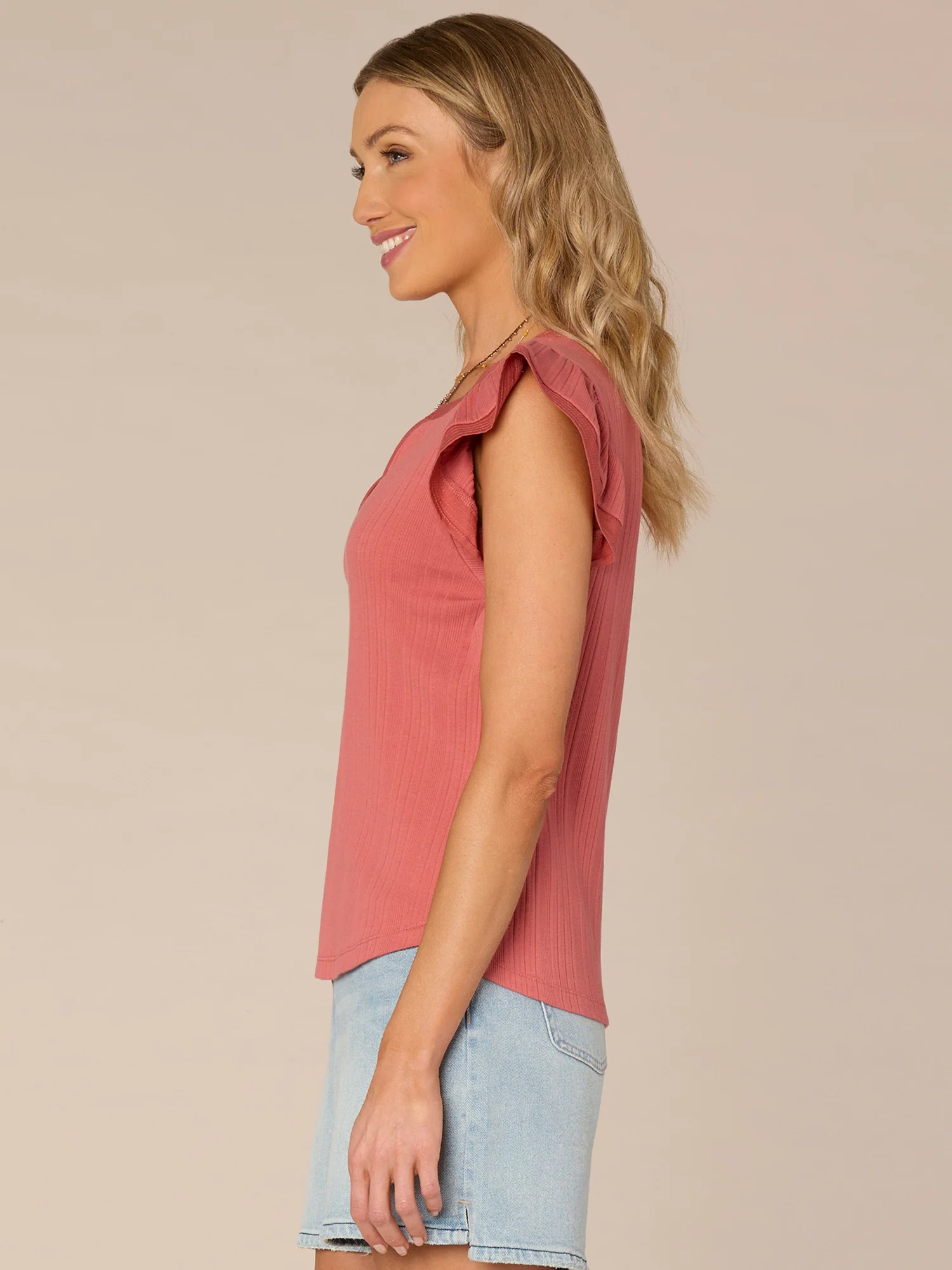 Flutter Cap Sleeve Split Neck Mixed Media Knit Top - Legahigh